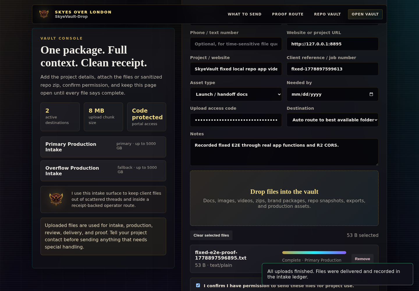 SkyeVault-Drop upload receipt proof